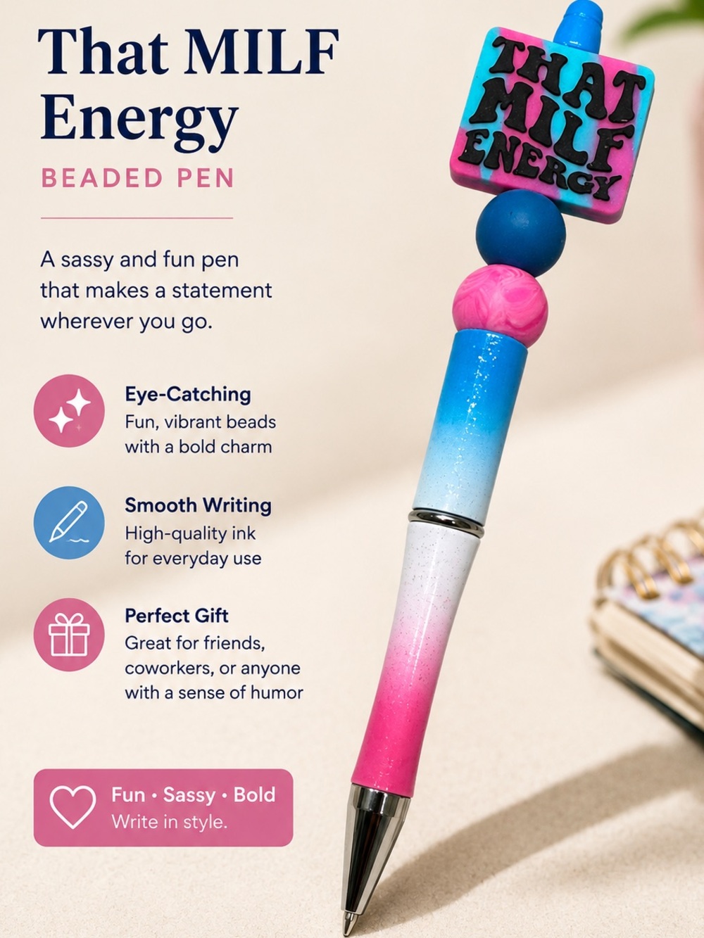 MILF ENERGY Hand Crafted Beaded Pen in Pink & Blue